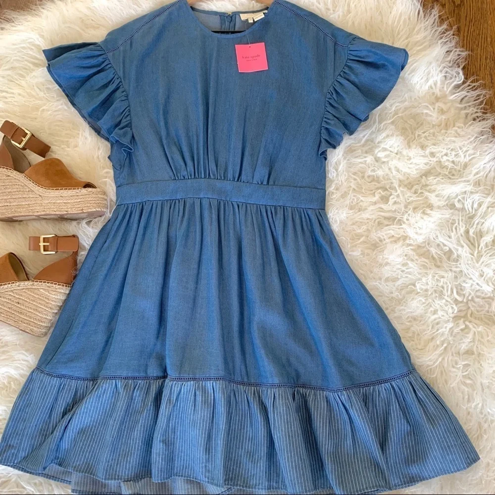 NEW KATE SPADE Chambray Fluffer Sleeve Ruffle Hem Indigo Mini Dress size 8 - Picture 11 of 16